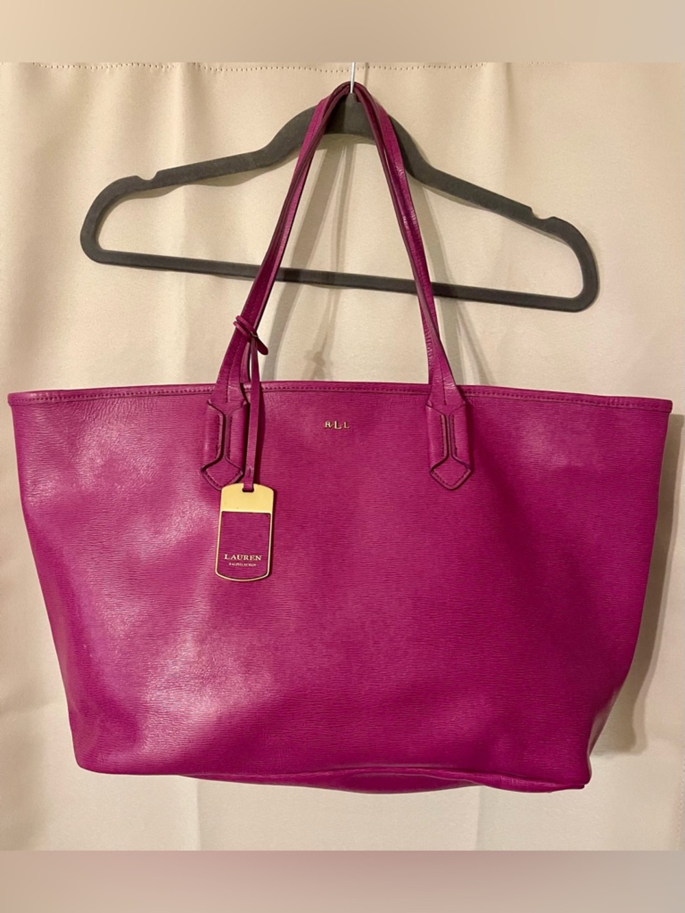 Lauren Ralph Lauren Fuchsia Leather Tote with Gold Logo Tag